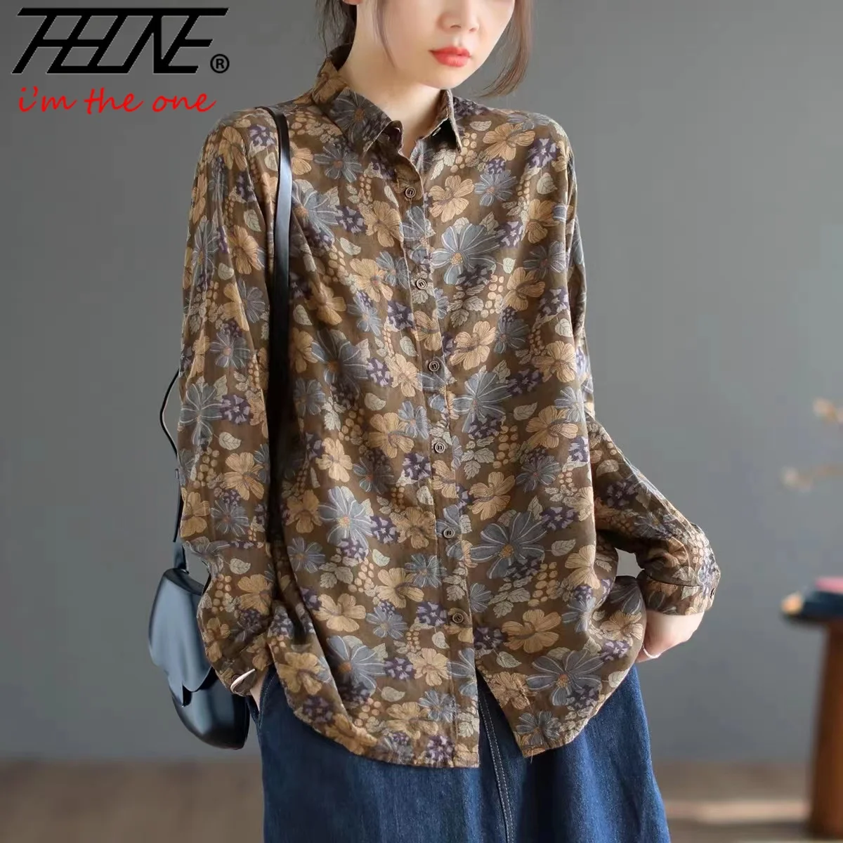 fashion woman blouse 2023 camisas cotton linen cotton linen vintage Print Long Sleeve flower Autumn Winter shirts and blouses