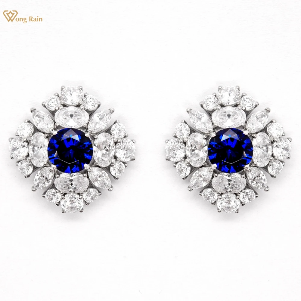 

Wong Rain 100% 925 Sterling Silver Round Cut Sapphire High Carbon Diamond Gemstone Studs Earrings Fine Jewelry Anniversary Gifts