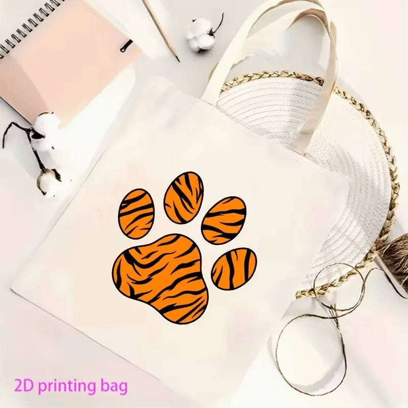 Orange Tiger Stripe Paw Print Canvas Tote Bag Reusable Shoulder Handbag Wild Animal Pet Pattern Shopping Travel Daily Bag