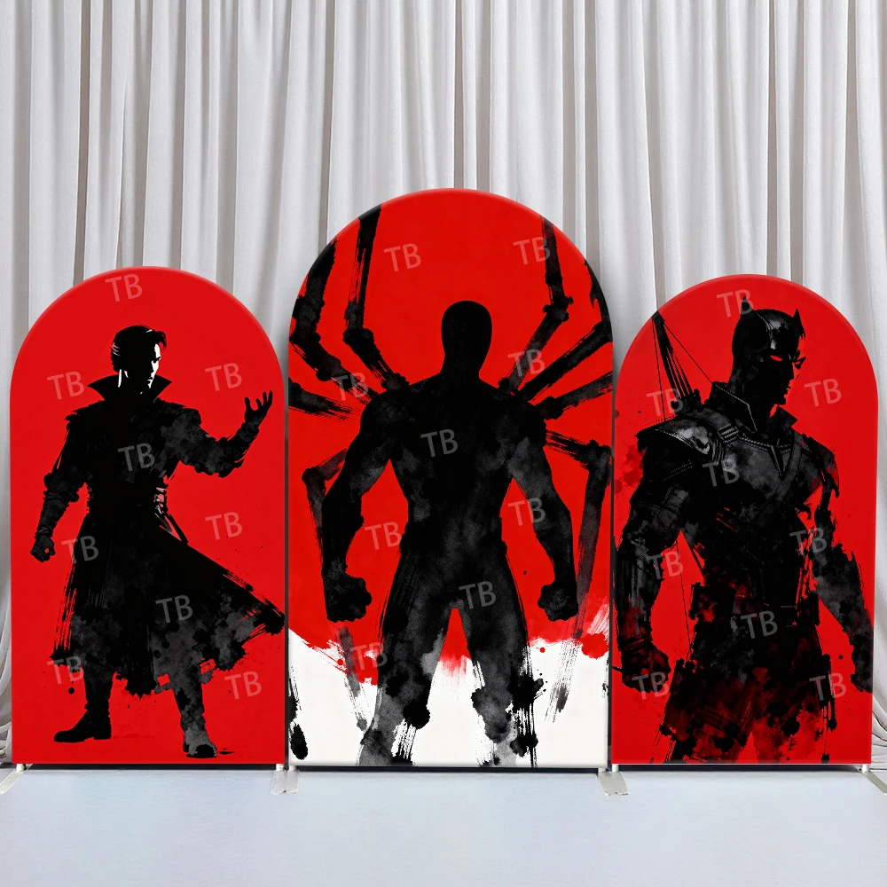 

Marvel Superhero Arch Backdrop – Red-Black Ink Silhouette, Ideal for Boys’ Birthday,Marvel Theme Party Photo Booth Decor