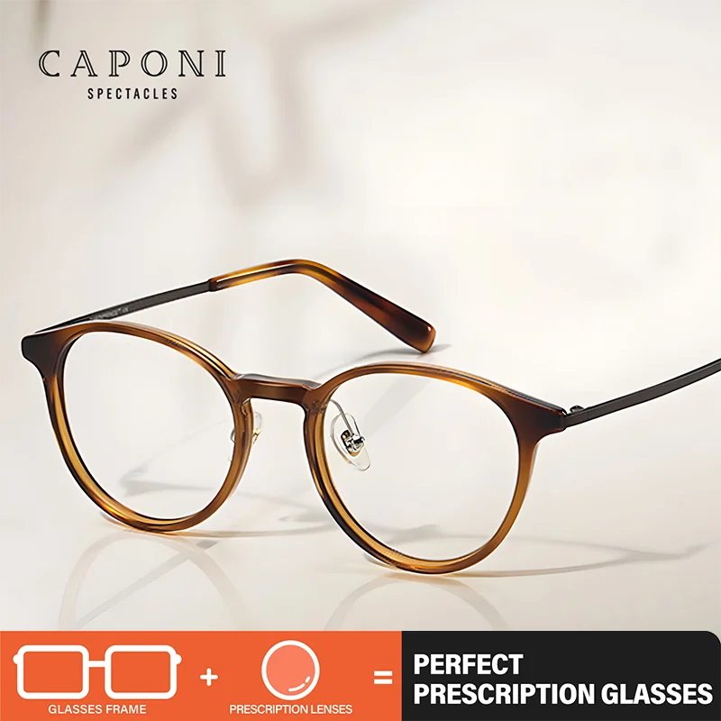 CAPONI Prescription Men Glasses Titanium Acetate Reading Glasses Progressive Ultra Light Anti Blue Ray Amber Glasses PJ34201