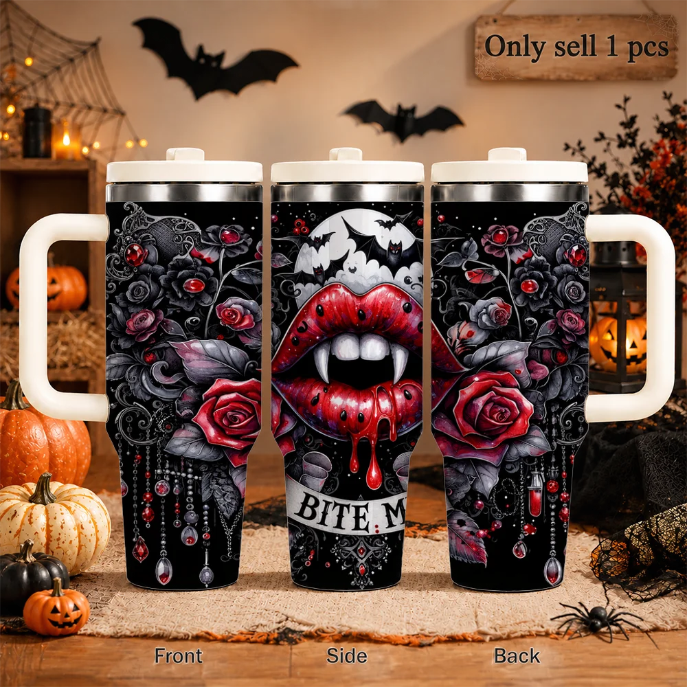 Vampire Red Lips Gothic Vacuum Flasks 40oz Large Capacity Stainless Steel Tumbler with Handle Straw Lid Insulated Mug Cup