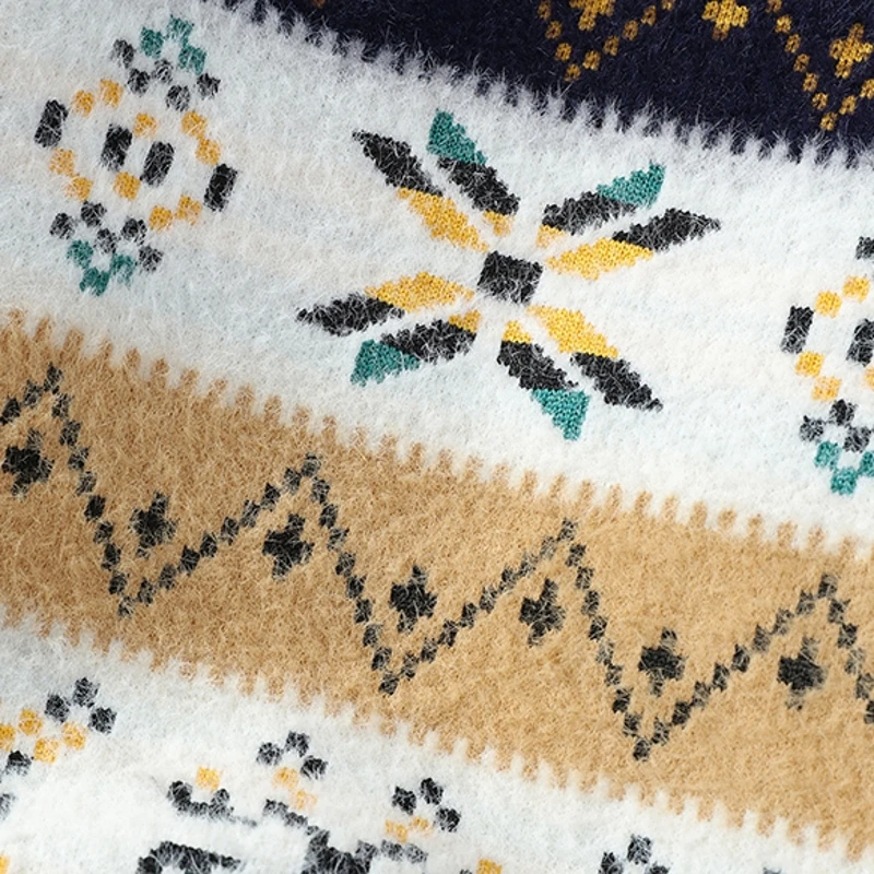 新しい人気の秋冬不規則なジャカード柄プルオーバーセーターカジュアルラウンドネックコントラストカラーメンズニットプルオーバー