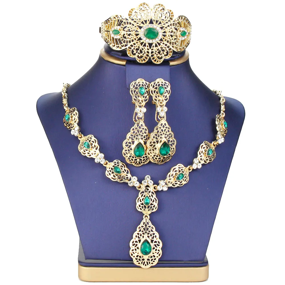 Sunspicems Morocco Bride Jewelry Sets Hollow Flower Women Earring Necklace Bracelet Water Drop Crystal Arabic Wedding Necklace