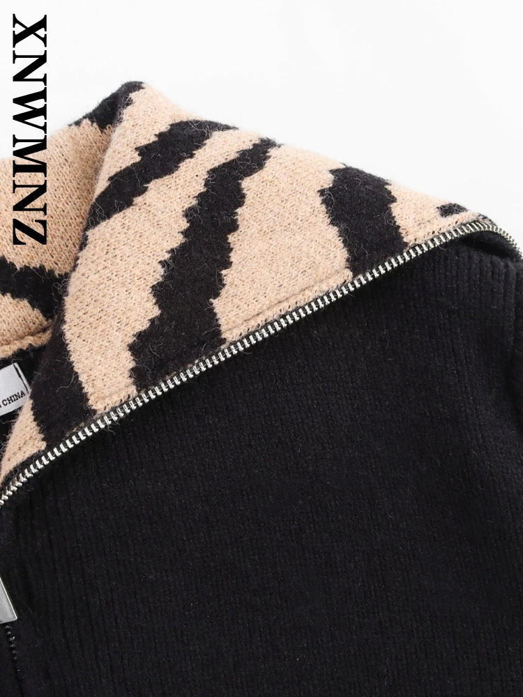 XNWMNZ 2024 Winter New Lady Chic Turn-down Collar Knitted Pullover Sweater Vintage Autumn Female Long Sleeve Jumper Top LEOPARD