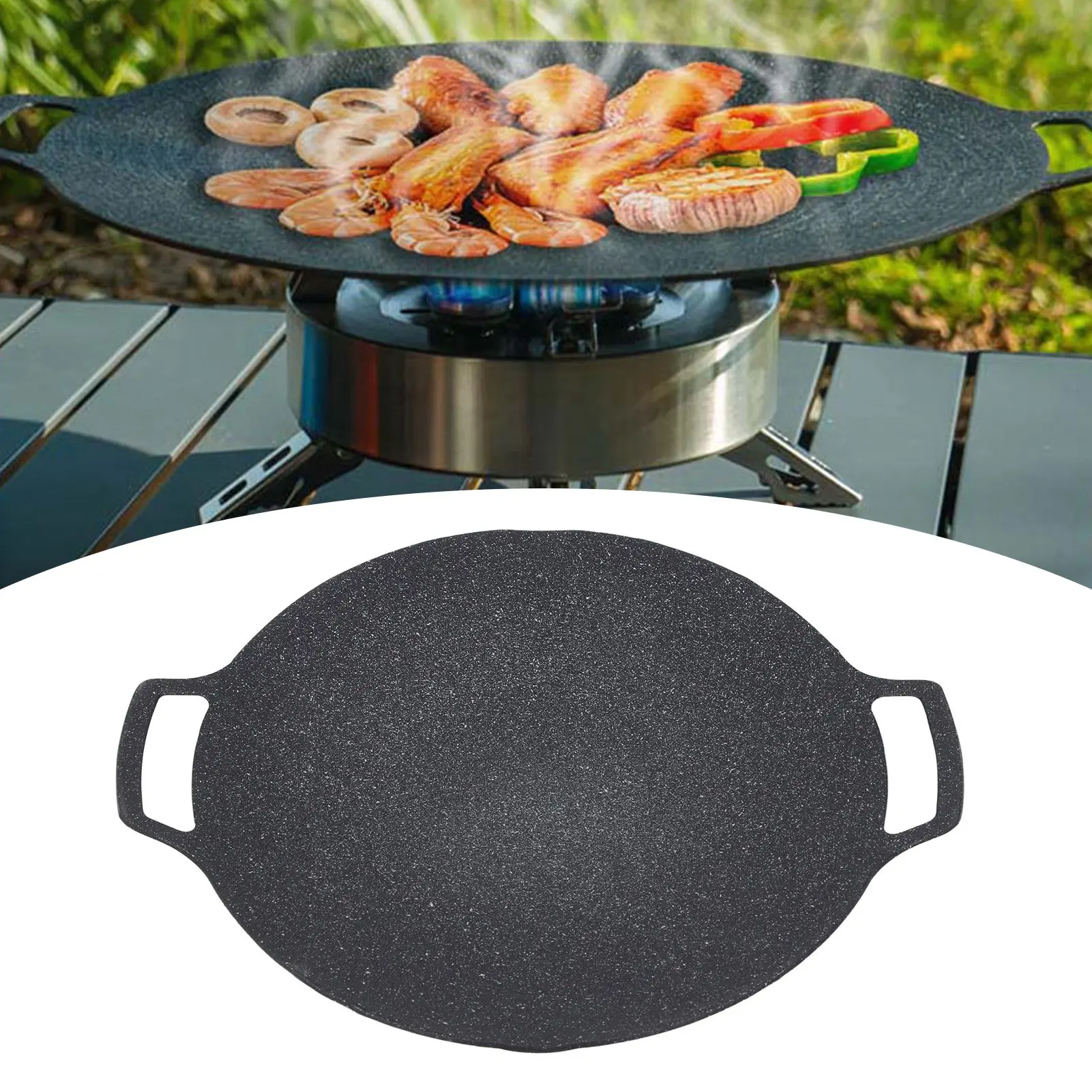 

Круглая сковорода-гриль для барбекю, круглая сковорода-гриль с антипригарным покрытием из алюминиевого сплава, с двумя ручками, для пикника и барбекю