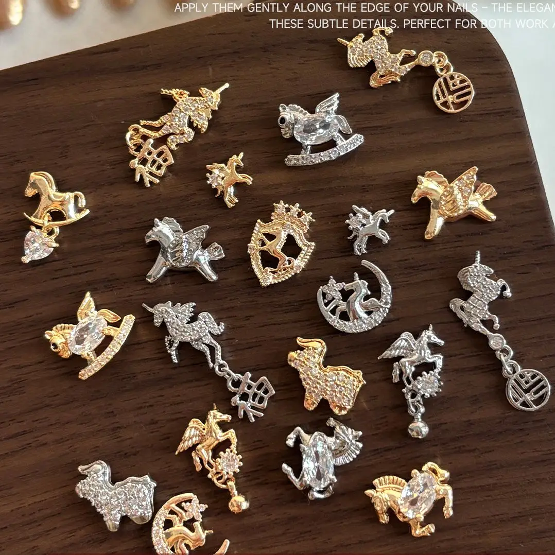 

10pcs/lot New Year Luxury Horse Unicorn Fringe Zircon Metal Nails Jewelry Decorations Nail Art Accessories Charms Parts Supplies
