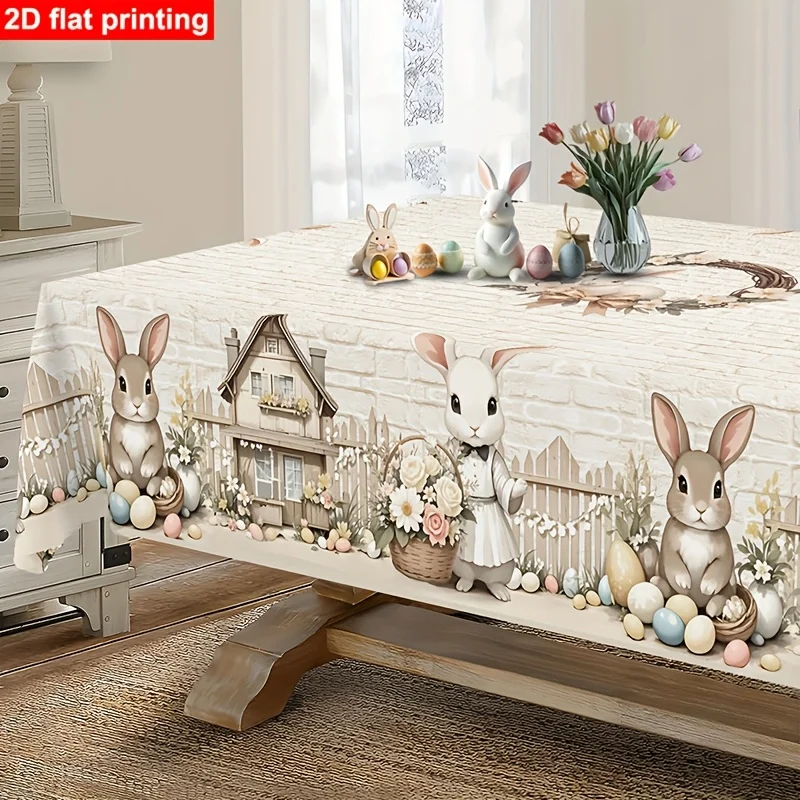 1pc Spring Easter Tablecloth with Rabbit, Easter Egg And Tulip Pattern - Soft Color Round/Square Tablecloth, Suitable for Indoor