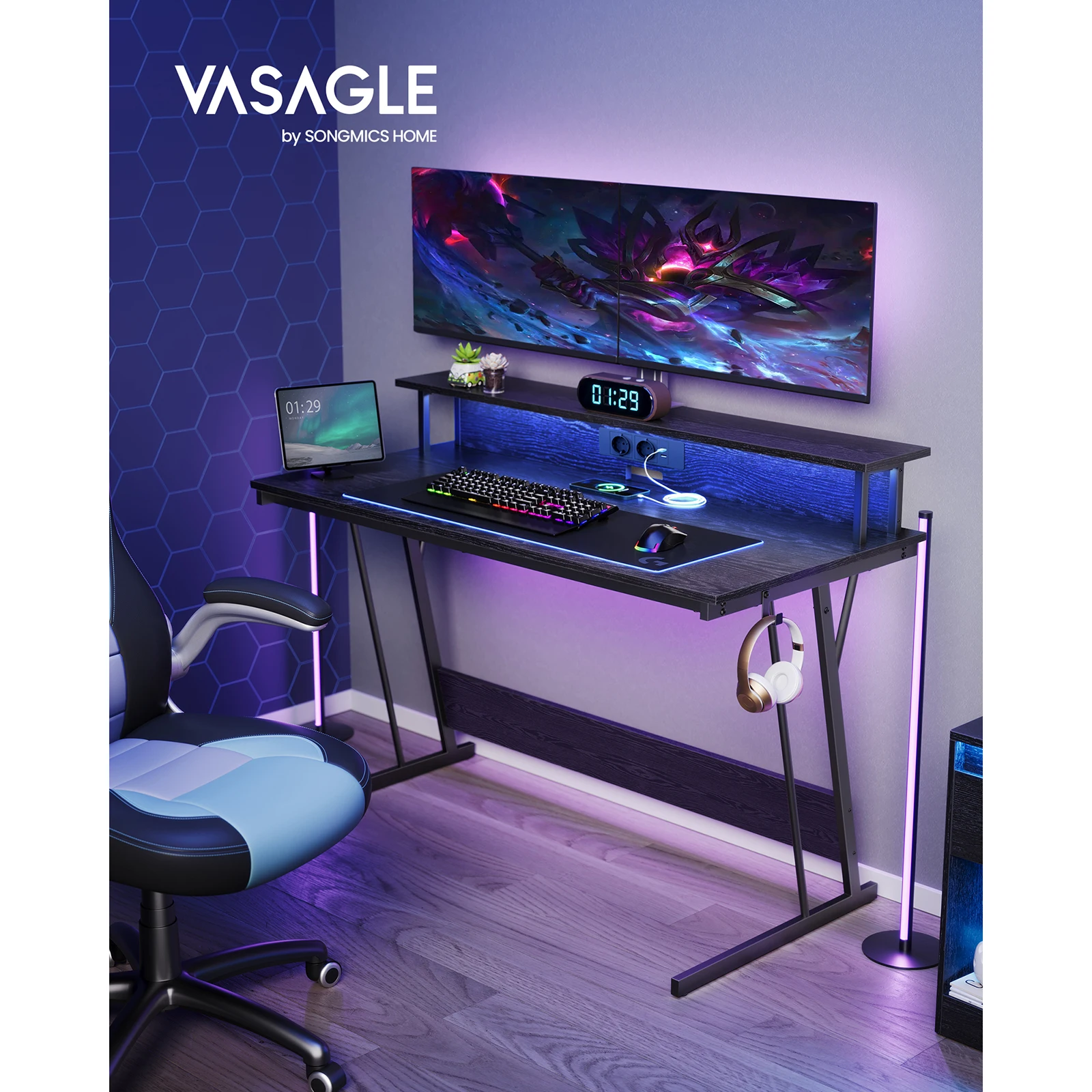 VASAGLE Gaming Desk: LED Lights, Built-in Outlets. Shelf for 2 Monitors. Office/Bedroom Table. 55x135x76 cm. Ebony Black.