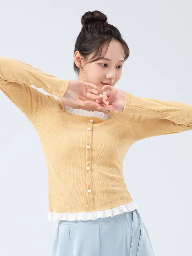 قميص باليه بقصة ضيقة ورقبة مربعة مكشكشة من الدانتيل - قميص رقص مسرحي بأكمام طويلة مكون من قطعتين للنساء