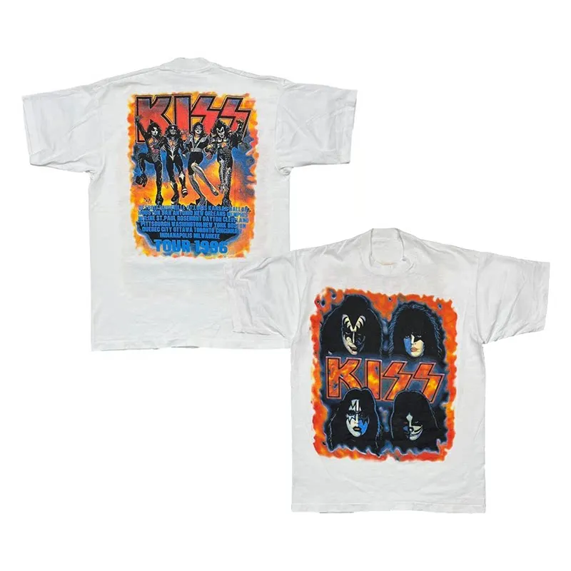Nueva Camiseta de Manga Corta de Algodón Puro, Estilo Americano, con Estampado Retro de la Banda de Hard Rock Nacional Kiss, Corte Holgado, para Verano