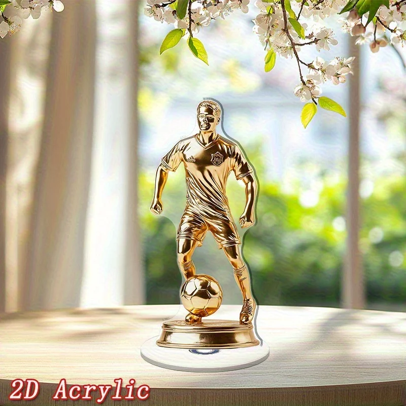 2D Flat, Rotating Football Trophy Suitable for Office Desk Decor - Golden Soccer Player Award, Battery-Free Spinning Top for Tea