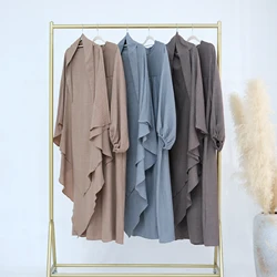 Hijabi Nursing Abaya Khimar Set Islam Muslim Clothing-Puff Sleeves Relaxed Regular-Fit Breastfeed Abaya Dress+Long Khimar Scarf