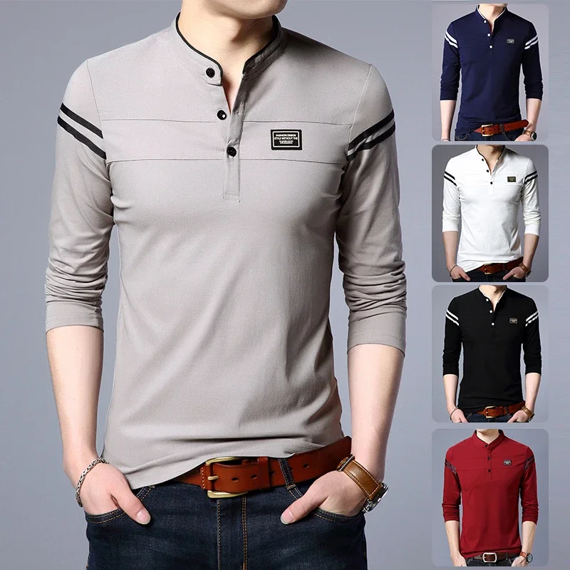 Men\'s Fashion Long sleeved POLO Shirt Casual Cotton Breathable Top Stand up Collar Korean Comfortable T-shirt Top