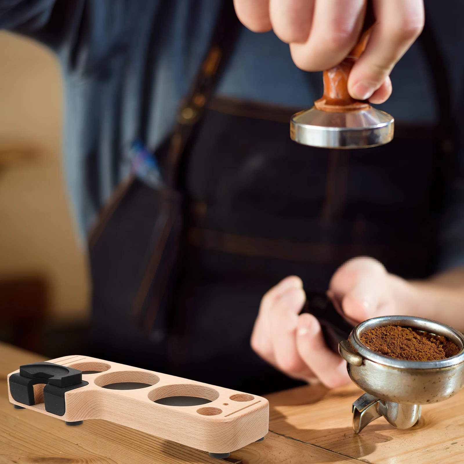 

Elegant Desktop Tamper Station Silicone Wood Material Practical Coffee Machine Accessory Coffee Machine Accessories