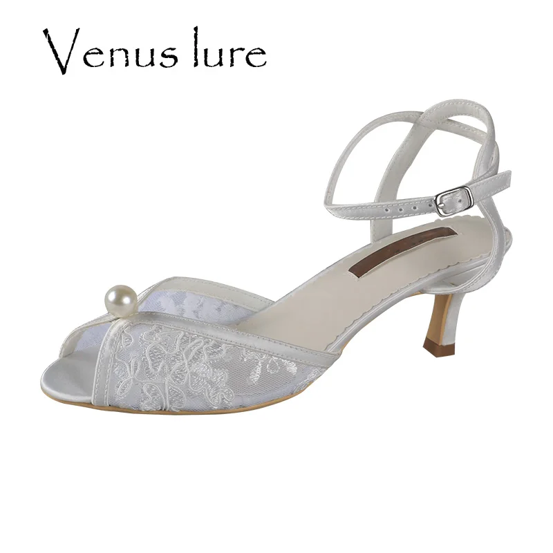 

Venus lure Customized Heel Women Shoes Wedding Lace Print Illusion Mesh Mid Heels for Wedding Sandals