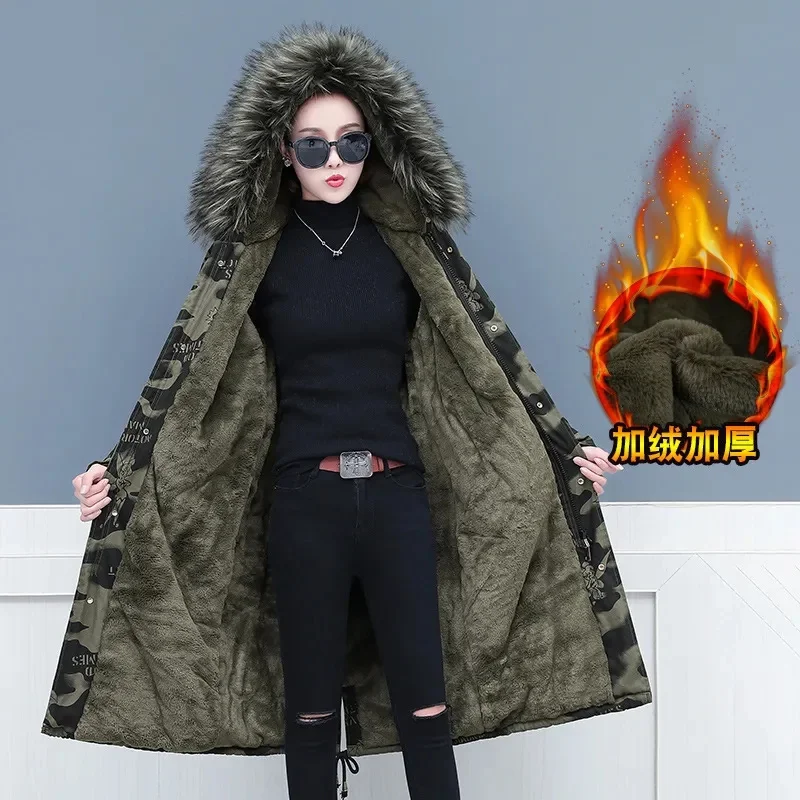 Pai Overcome Women\'s Autumn Winter Plus Size Cotton-Padded Jacket\'s Long Coat 2024 New Over-The-Knee Velvet Thickened Camouflage