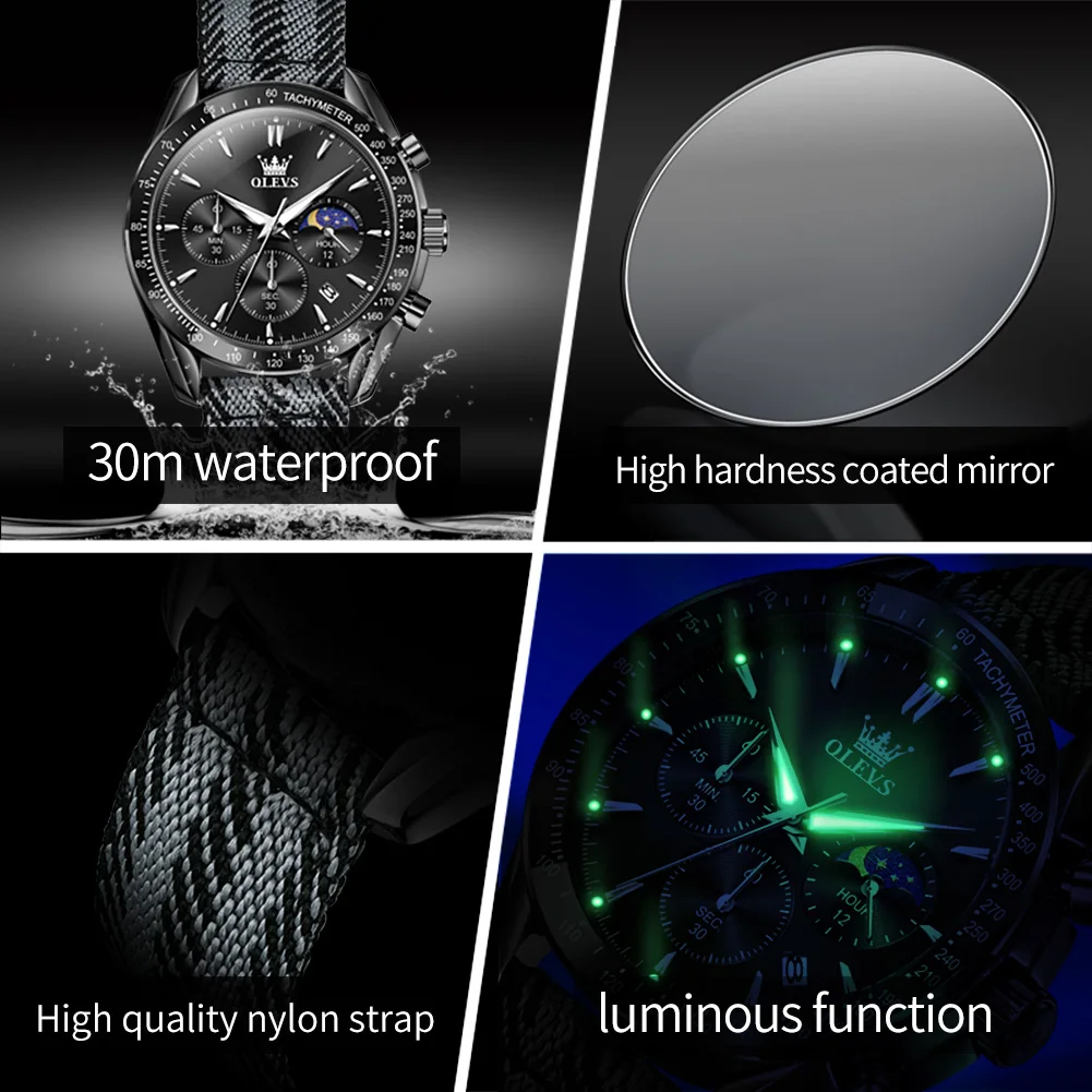 Olevs 3630 moda masculina relógio de quartzo original pulseira de tecido de náilon fase da lua à prova dwaterproof água cronógrafo calendário esportes relógio masculino