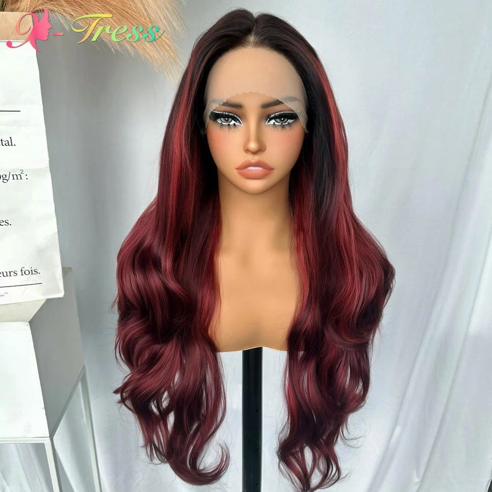 

X-TRESS Long Wavy Synthetic Wigs Highlights Red Color Middle Part Lace Front Wigs Breathable Soft Wig for Black Women Fashion