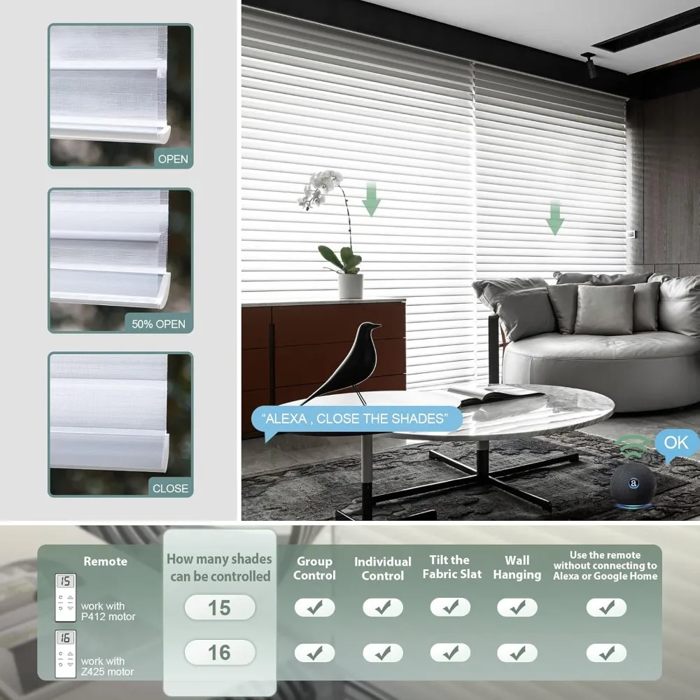 Motorized Shangri-la Shades Work with Alexa Google, Motorized Blinds with Remote Control Light Filtering Shangri-la Blinds for