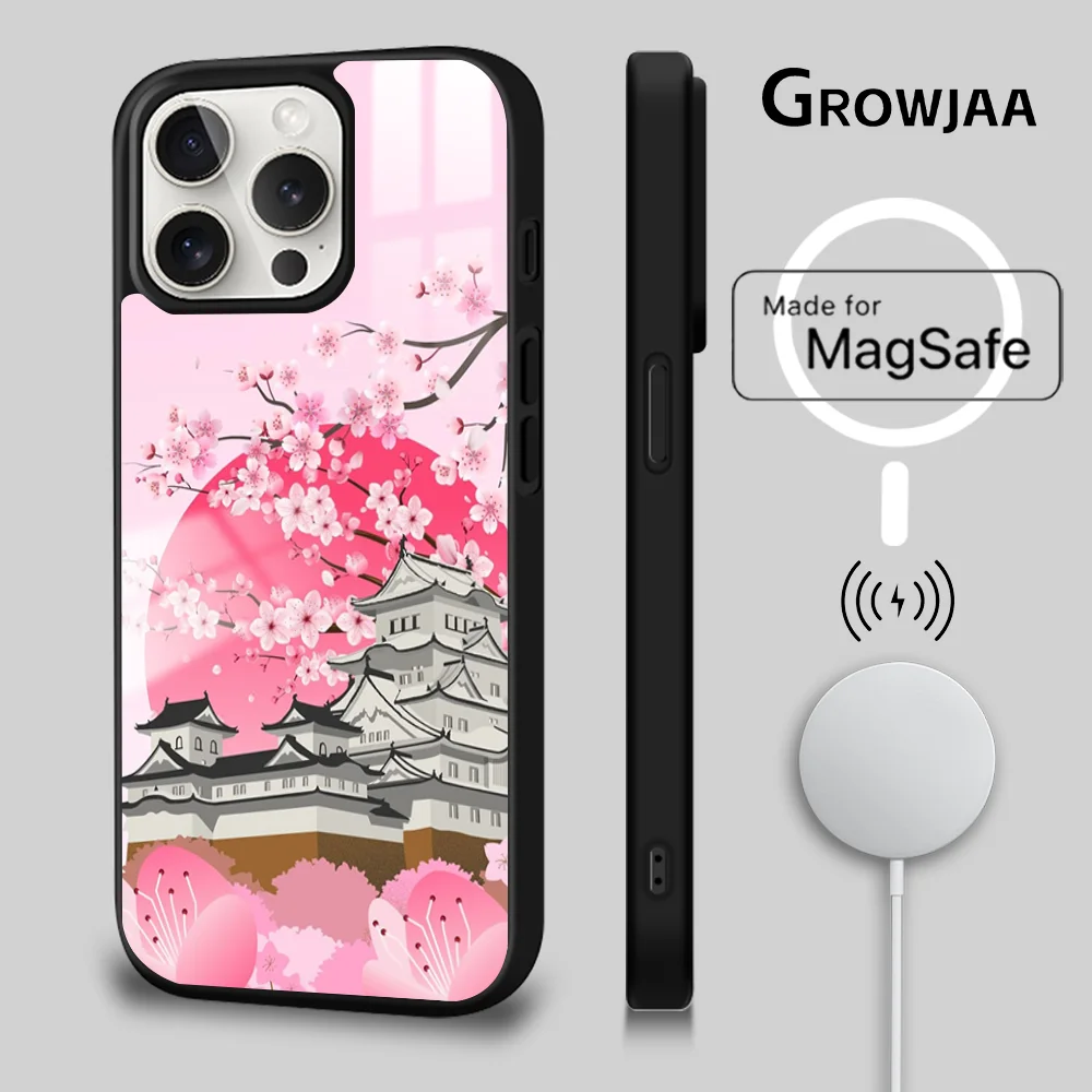 Japan Pink Cherry Blossom Phone Case For iPhone 16 15 14 13 12 11 Pro Max Plus Mini Magsafe Mirror Wireless Magnetic Cover