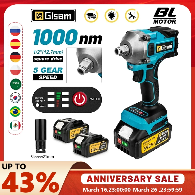 Gisam 1000N.M Torque Brushless Electric Impact Wrench 1/2 Inch Lithium-Ion Battery Cordless Power Tool For Makita 18V Battery