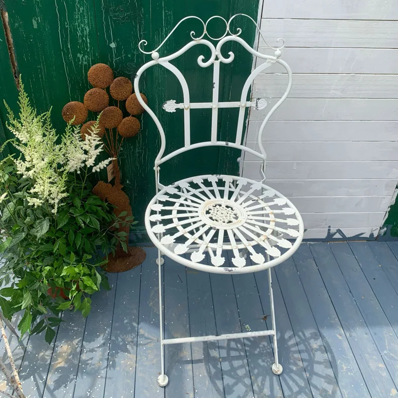 

Vintage White Metal Garden Chair, Decorative Folding Patio Seat with Ornate Sunburst Design, 37 Inch Height,Outdoor Bistro Style