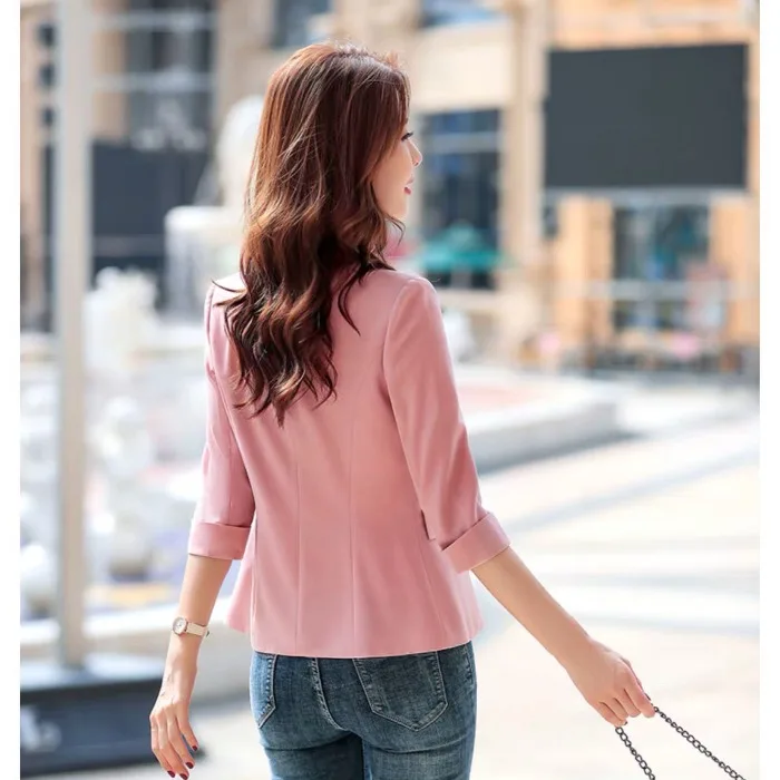Korean Style OL Light Maturity Casual One Button Seven Sleeve Pink Short Linen Small Size Suit Jacket Commute Style Slim Fit