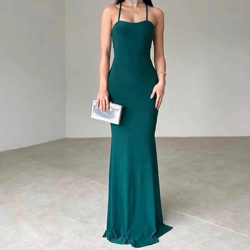 

Satin Straight Pleats Sleeveless Spaghetti Straps Square Neck Floor Length Sweep Train Solid Green Dresses For Formal Occasions