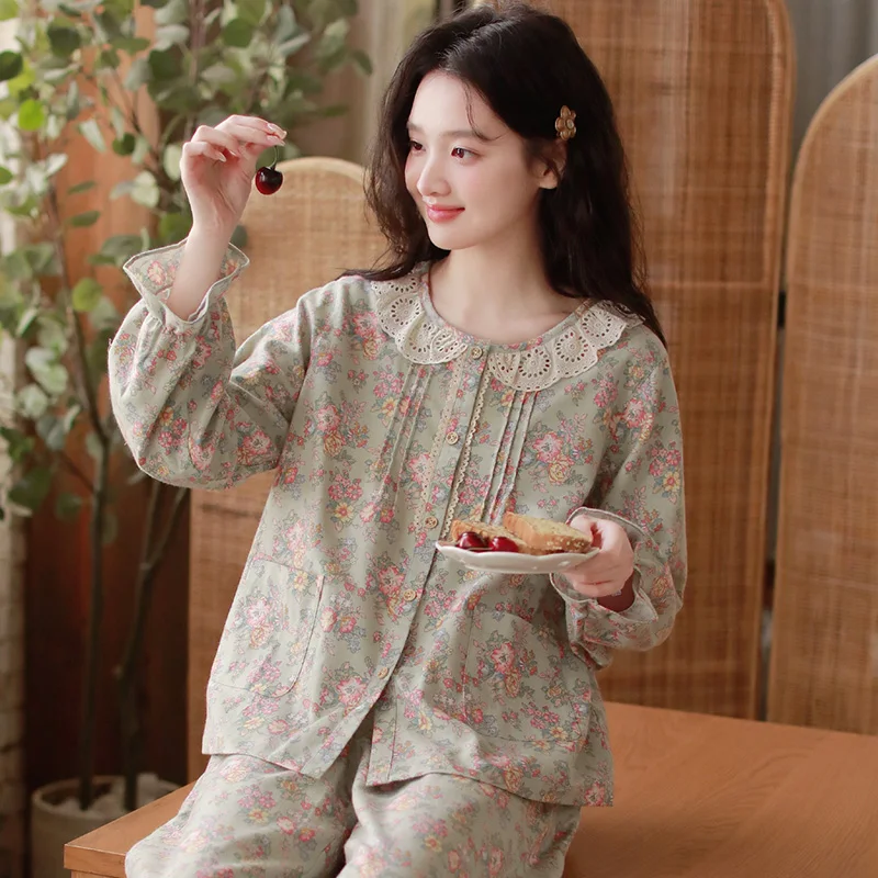 

Sweet sleepwear women's autumn and winter new item pure cotton brushed long sleeves can be worn outside winter home suit set