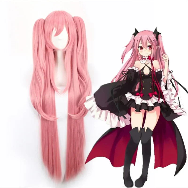 Owari no Seraph Of The End Krul Tepes Cosplay Wig Pink 100CM Long Straight Synthetic Hair Double Ponytail Anime Cosplay Wig