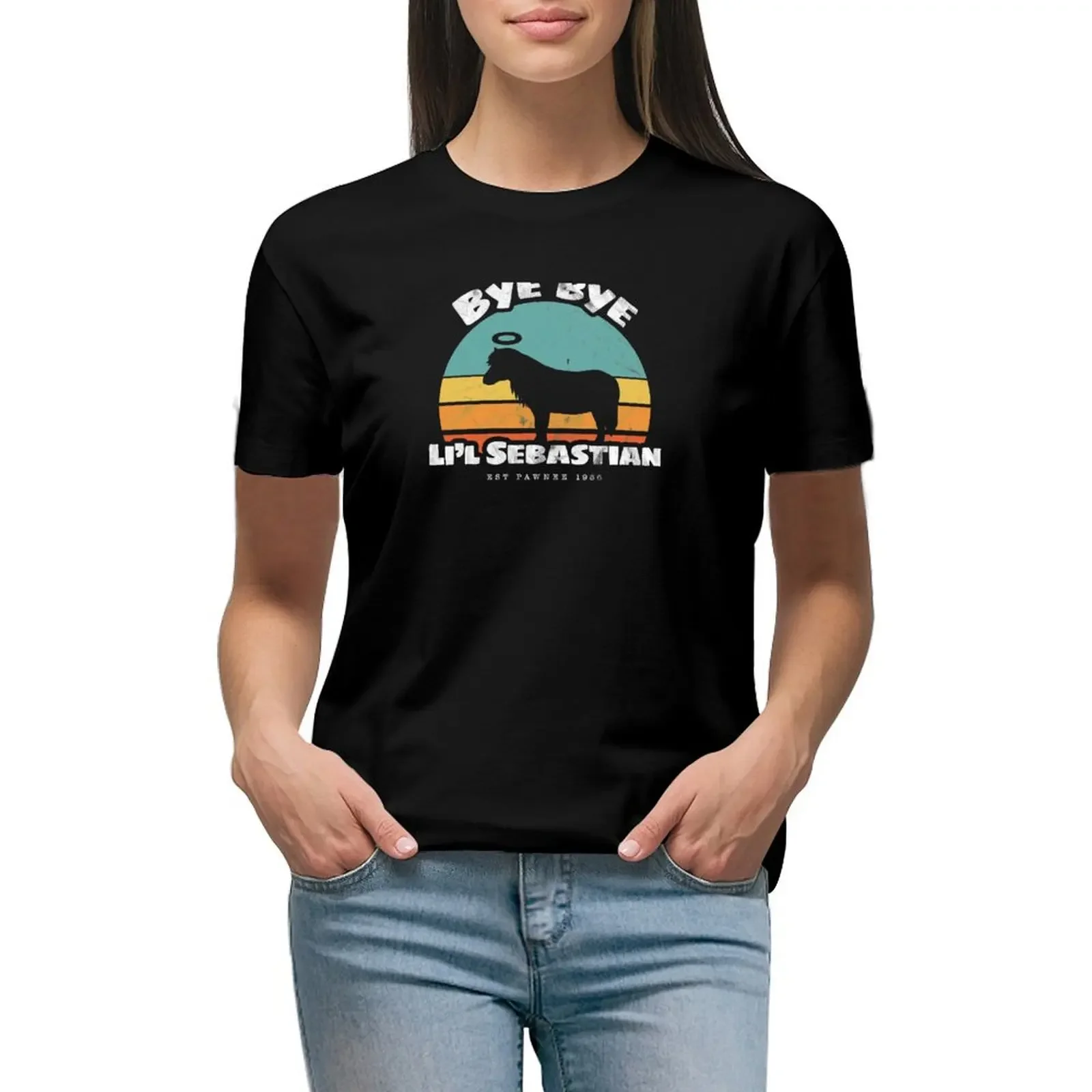 

Bye bye Li'l Sebastian  Est Pawnee 1986 T-Shirt Short sleeve tee plus size tops Summer Women's clothing