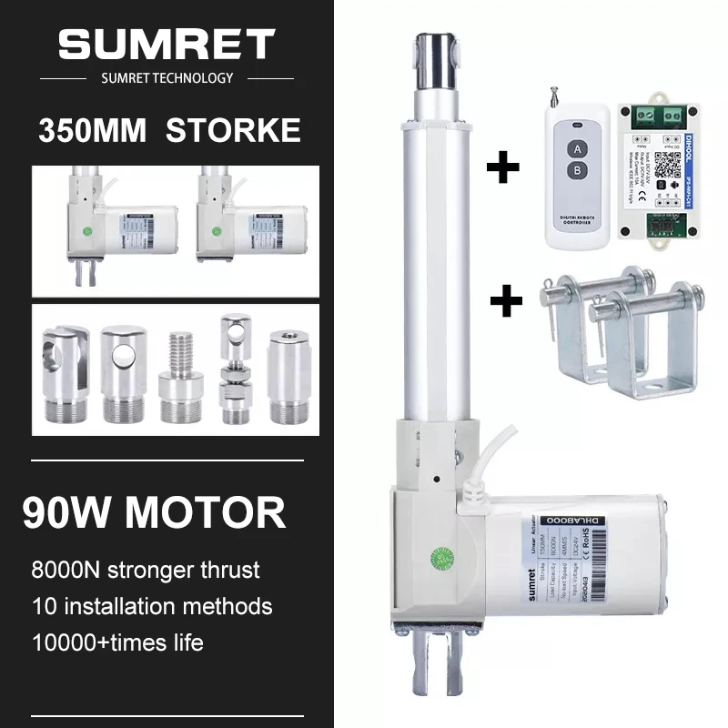 

350mm Stroke Electric Linear Actuator With RF Controller Bracket DC 12V 24V Motor Push Telescopic Rod 8000N Plastic Gear Opener