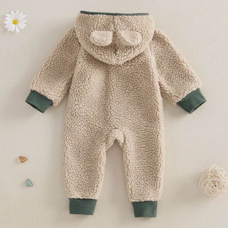 Baby Boys Girls Fleece Jumpsuits Newborn Winter Warm Long Sleeve Contrast Color Button Up Hooded Rompers for Toddlers