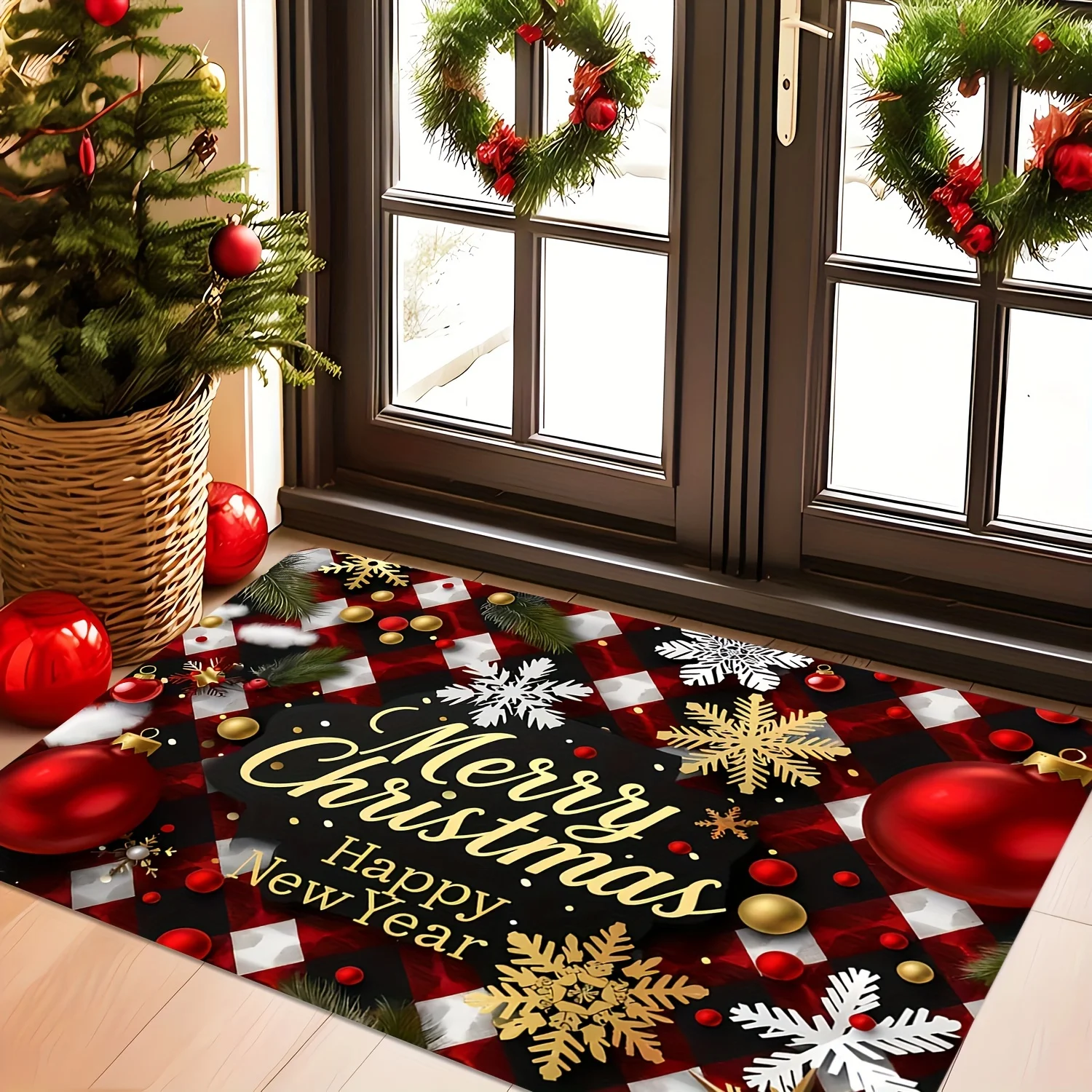 

VIKAMA Christmas New Year Entryway Doormat Stain-Resistant Wear-Resistant Hallway Holiday Home Decor Easy-Clean Mildew-Resistant