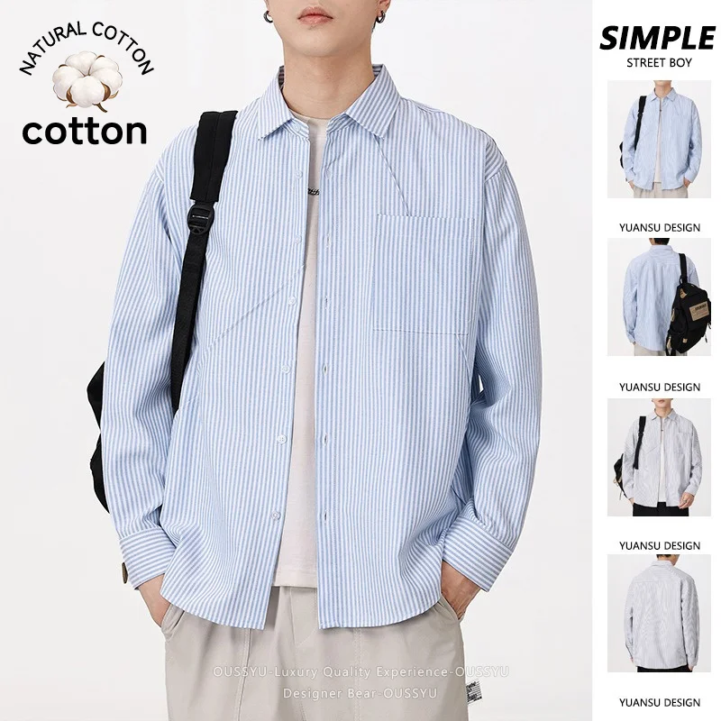 

Brand Clothing Men's Long Sleeve Striped Shirt Autumn New Fashion Casual Loose Fit Top for Daily Wear Comfortable Breathable