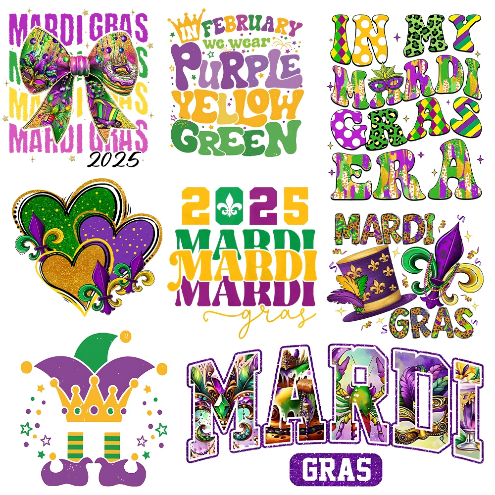 Mardi Gras DIY Iron on Heat Transfer Stickers for Clothes DTF Pinted Vinyl Thermal Appliques Washable T-Shirt Decal