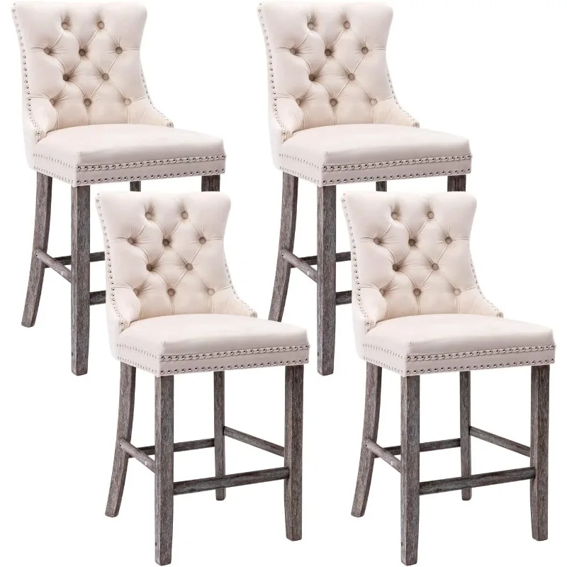 

Velvet Bar Stools Set of 4, 27" Padded Counter Height Bar Stools with Button and Nailhead Trim, Bar Stool with Back and Wooden