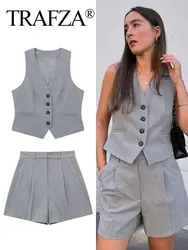 TRAFZA Vest Shorts Suit For Women scollo a v monopetto senza maniche gilet Top Zipper Fly Short Pant Summer Grey Office Lady Sets