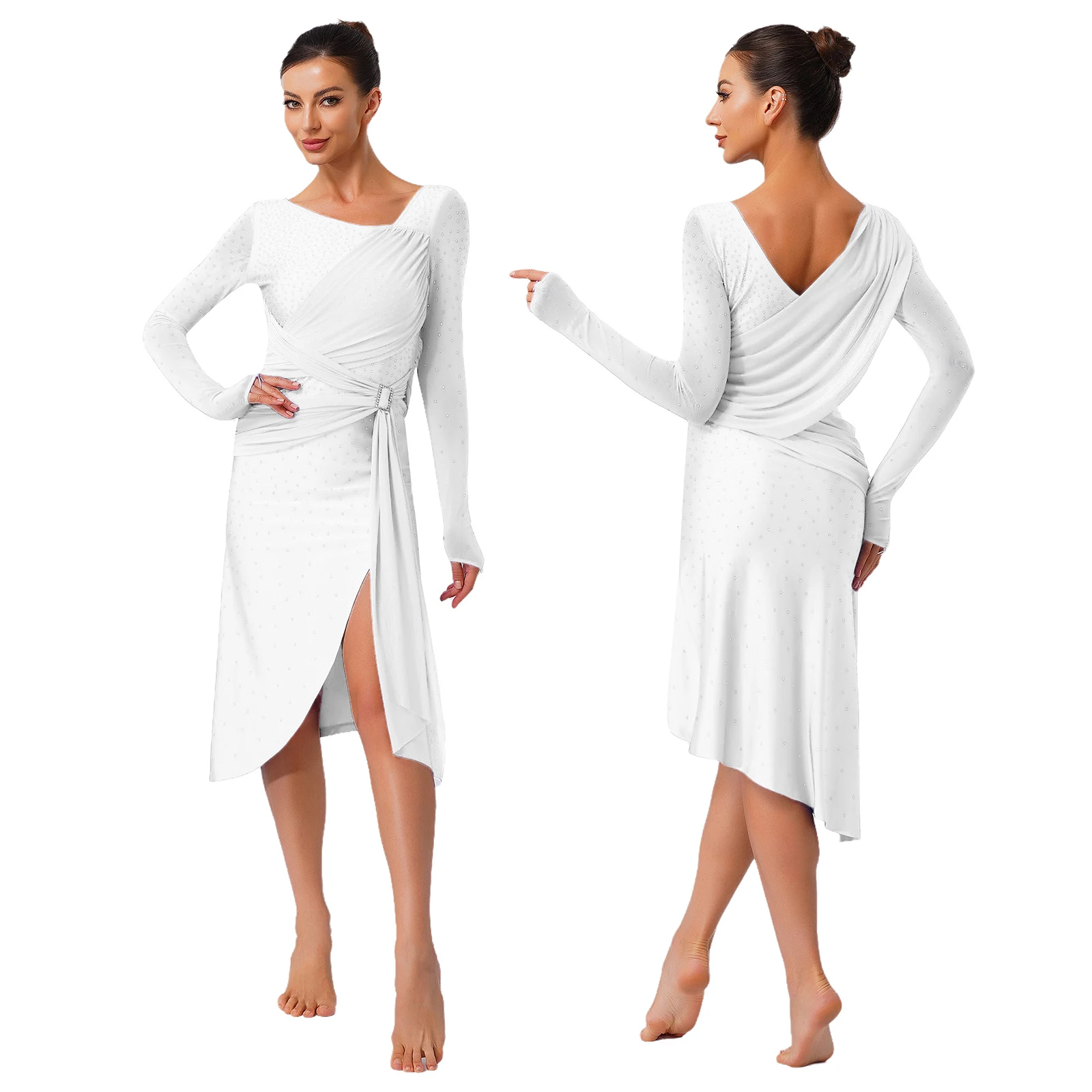 

Women Rhinestones Ballet Gymnastic Rhythm Dance Dress Ruched Belt Split Mesh Long Sleeve Dress for Performance Skating Dancewear