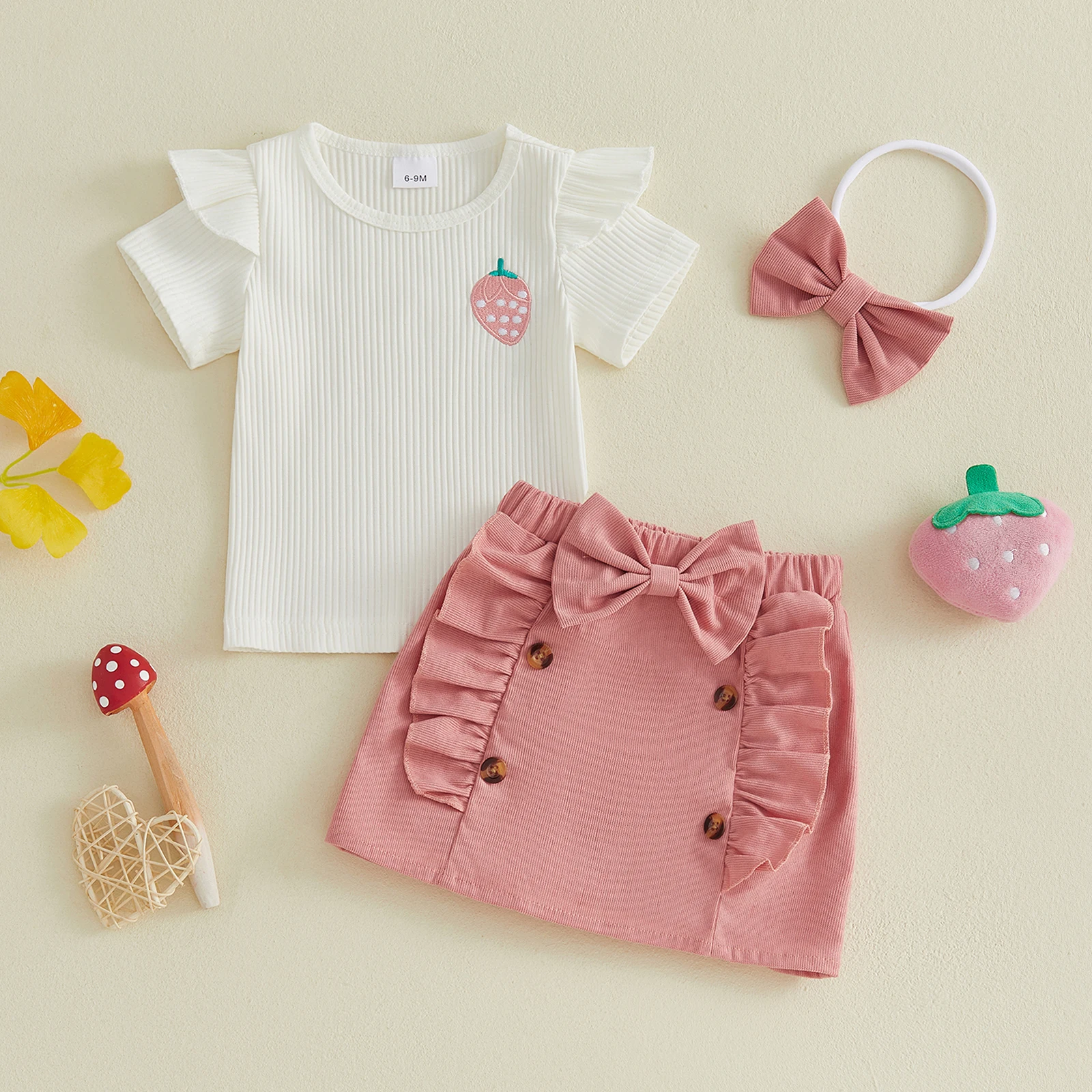 Baby Girl Summer Outfit Strawberry Embroidery Ribbed Short Sleeve T-Shirt and Bow Ruffles Skirt Headband Set