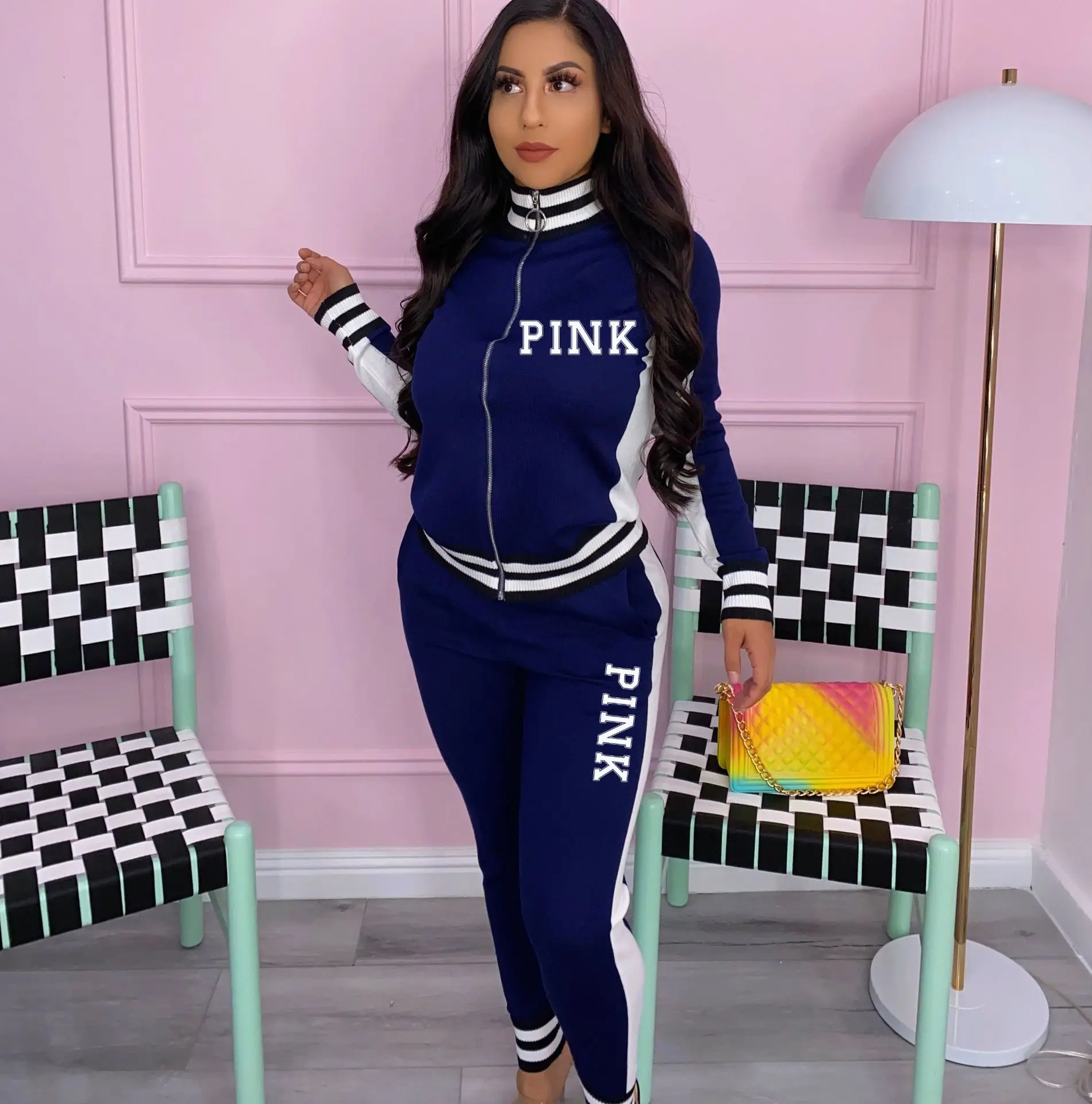 Long Sleeve Women Casual Set Two Piece Loose Pants Top Printed Letter Ladies Clothes Zipper Pink Series Tracksuit 2023 Autumn