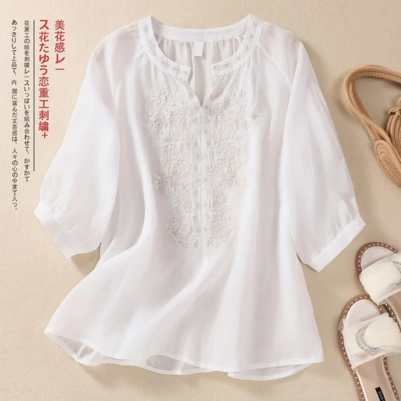 Cotton Linen Chinese Style Women\'s Shirt Summer Embroidery Vintage Blouses Loose Women Tops O-neck Clothing 2024 Korean