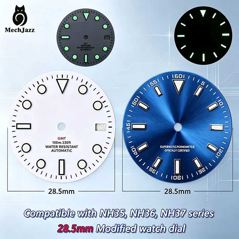 MechJazz 28.5mm Aseptic Dial Compatible with NH34/NH35/NH36 Movements, Blue-Green Luminous Watch Dial Replacement Accessory
