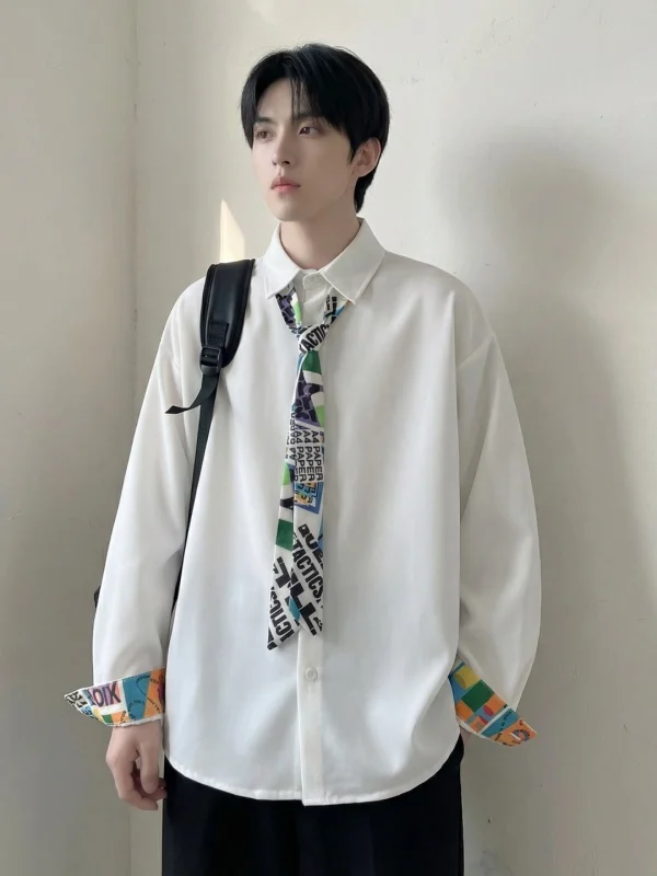 

Tangz Studio Spring Long Sve irt Men Women Tie Ele Hong Kong Sle High Quali Couple Trendy Blouse Polyester Fiber