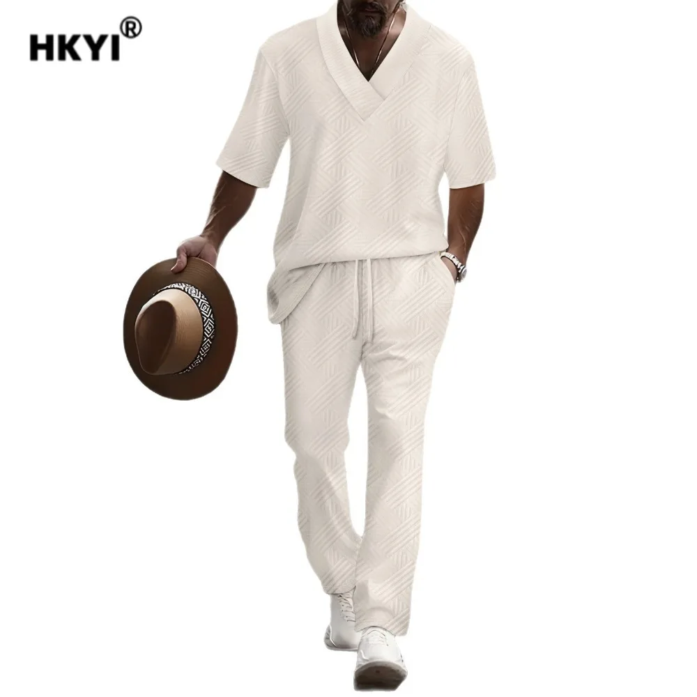 

HKYI мужские повседневные брюки с короткими рукавами и воротником в виде куриного сердца, однотонный универсальный жаккардовый летний комплект