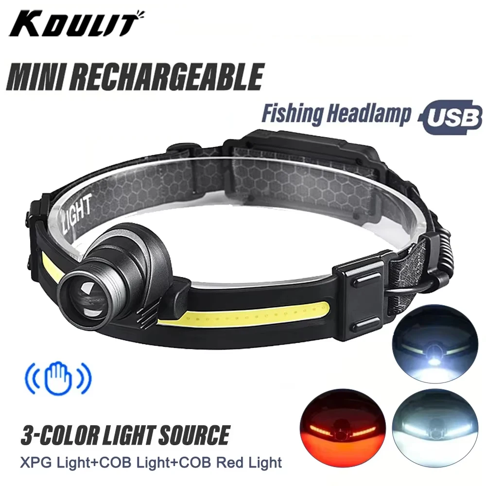 Kdulit farol led de alta potência recarregável usb com 7 modos sensor tocha poderosa lâmpada de cabeça cob para pesca caça