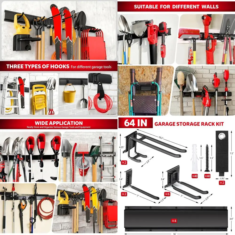 

Сверхмощный настенный органайзер для инструментов 64 для гаража, двора и навеса — вмещает грабли, метлы, швабры и многого другого