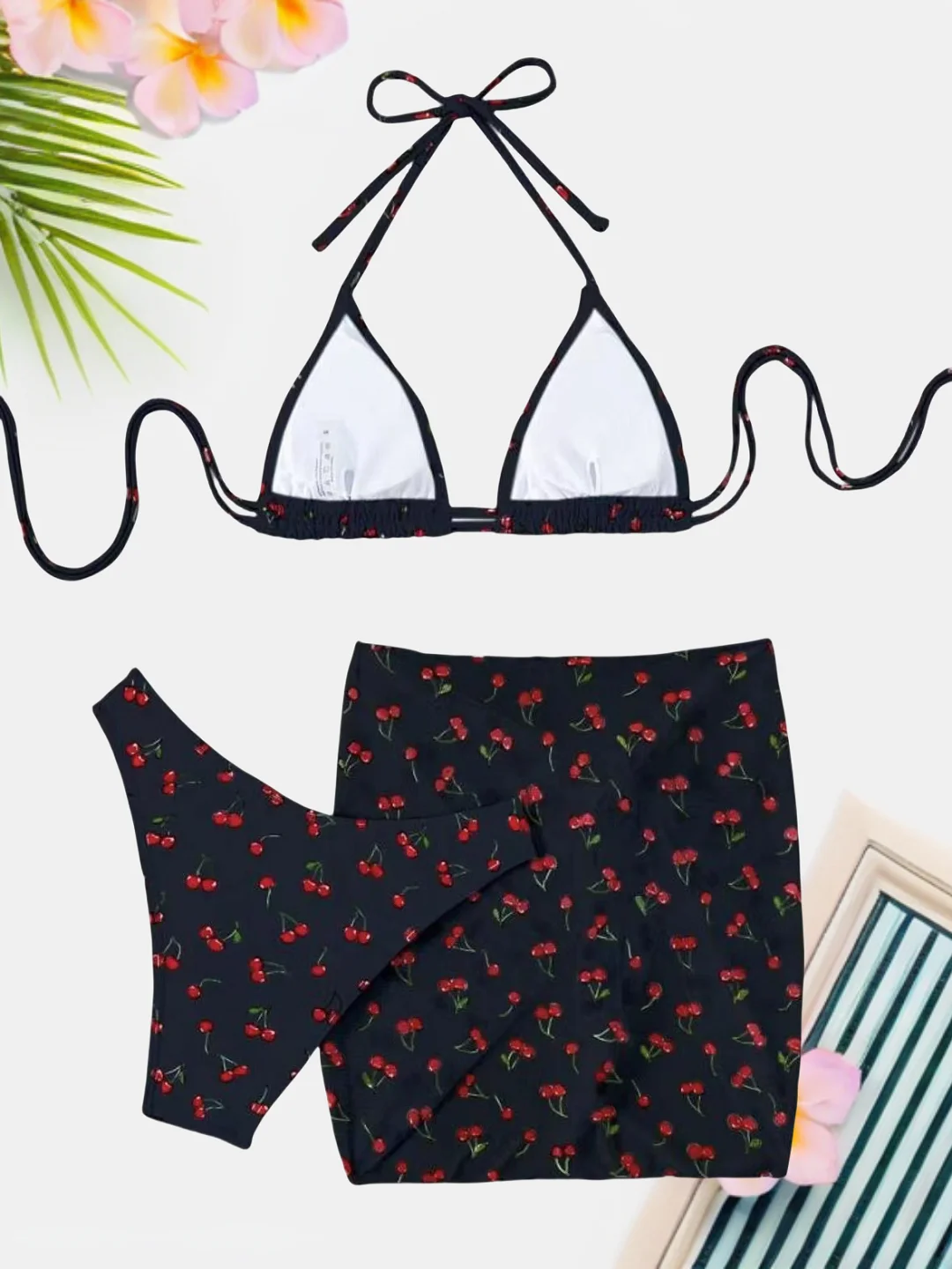 Women\'s Cherry Print Sexy Bikini Set Halter Neck Backless Swimsuit 3 Piece Swimsuit Triangle Bikini Swimsuit with Beach Skirt​