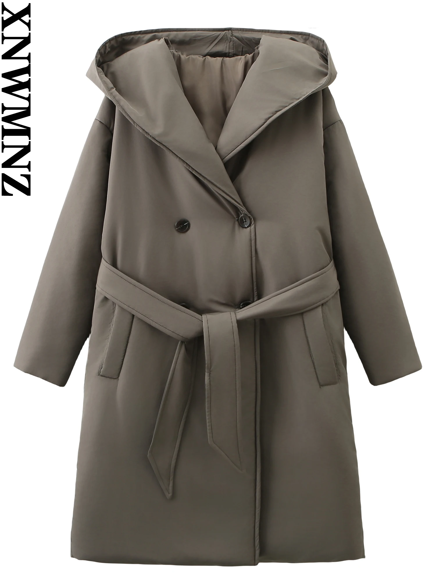 XNWMNZ Women\'s Fashion 2023 Winter Belt Long Hooded Padded Jacket Coat Women Long Sleeve Double-breasted button Female Outerwear